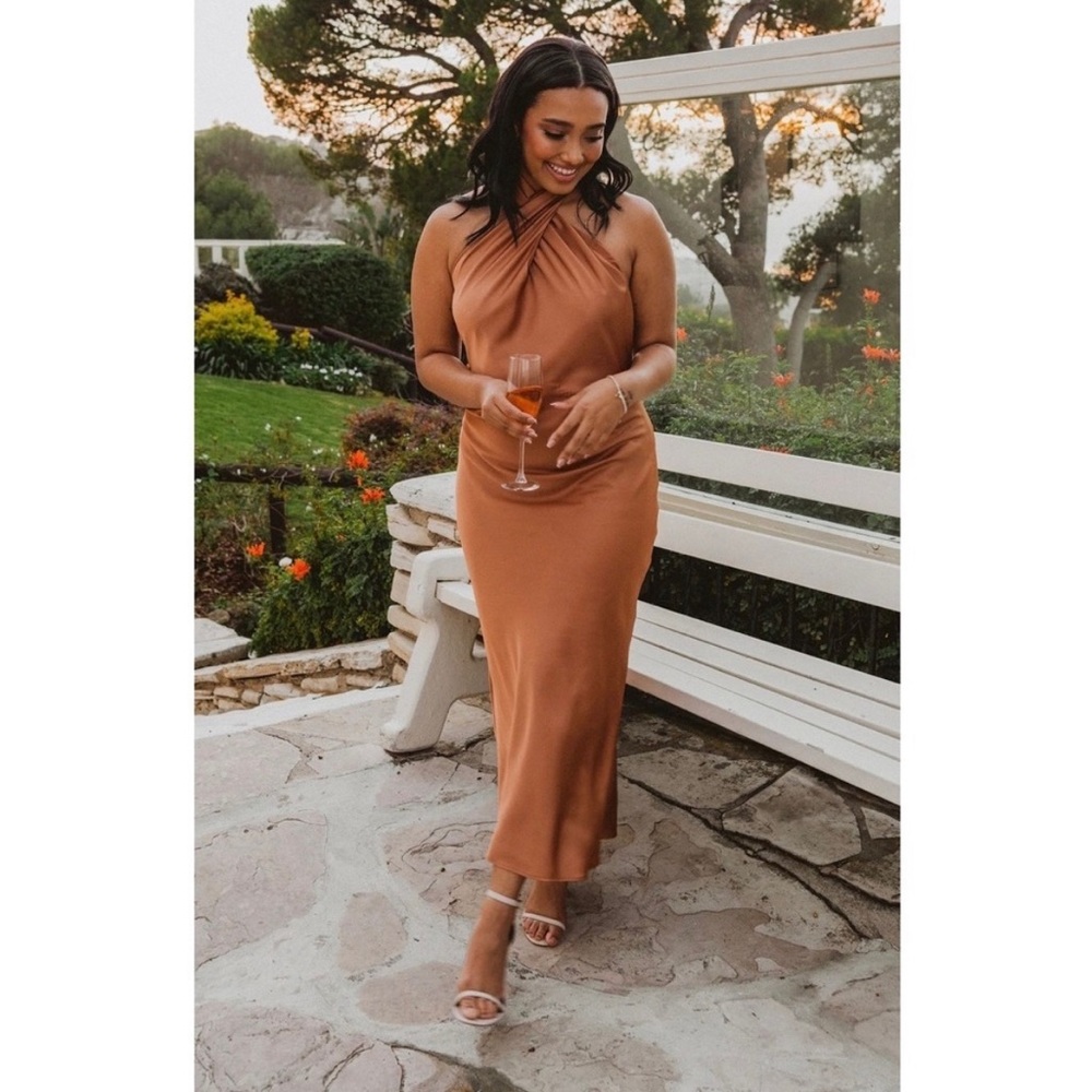 Show Me Your Mumu Jasmine Halter Midi Dress Copper Luxe Satin L